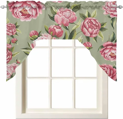 Vista 10 de Juego de cortinas de cocina con festón floral verde salvia, cenefa y nivel, 24 pulgadas de largo, diseño retro de flores rosa pastel, cortinas
