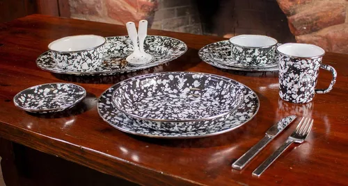 Vista 4 de Golden Rabbit Juego de 4 platos esmaltados para pasta, 10 pulgadas, remolino negro