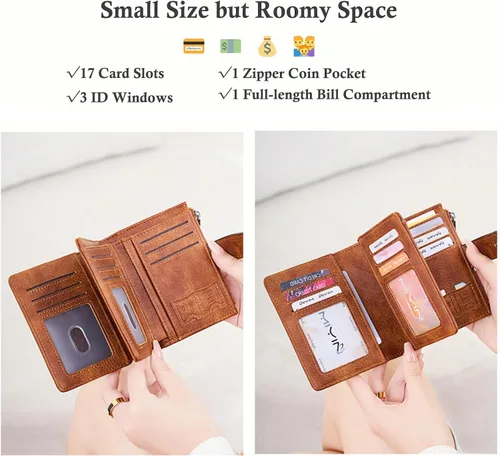 Vista 3 de Cartera pequeña de cuero vegano para mujer, billetera plegable y compacta con bolsillo para monedas con cremallera, Negro, Moderno