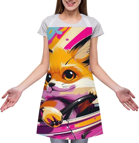 Vista 3 de MUSM Apron for Adults - 27.6 X 31.5 Inch, Heavy-Duty Polyester Aprons with Two Large Pockets, Waterproof Little Fox in The Car Kitchen Apron for