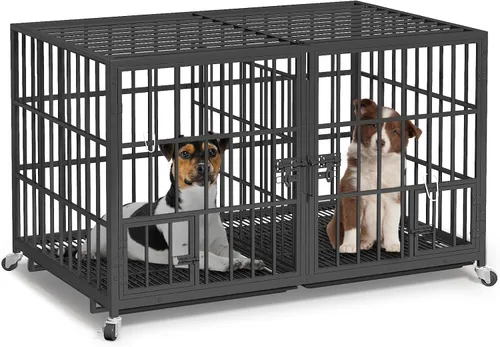 Vista 8 de EZ4ENCE Jaula para perros de 48/42/54 pulgadas con divisor para 2 perros, jaula indestructible, diseño resistente, doble puerta y bandeja extraíble