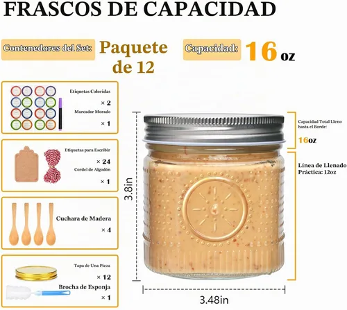 Vista 2 de Tarros de vidrio de 16 onzas con tapas, paquete de 12 tarros Mason