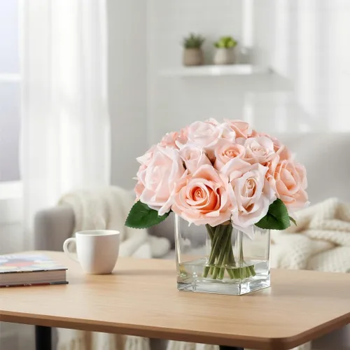 Vista 6 de 18 cabezas de rosas de imitación en jarrón, arreglo floral de rosas de Aritificail con jarrón para mesa de comedor, dormitorio, decoración de boda