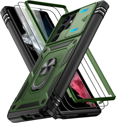 Vista 185 de Gritup Funda para Google Pixel 6 con cubierta deslizante para cámara y protector de pantalla (2 unidades), soporte de anillo giratorio 360°, funda