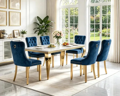 Vista 11 de Juego de 5 mesas de comedor de mármol sintético para 4 mesas de cocina de lujo de 68 pulgadas de oro blanco con 4 sillas tapizadas de terciopelo