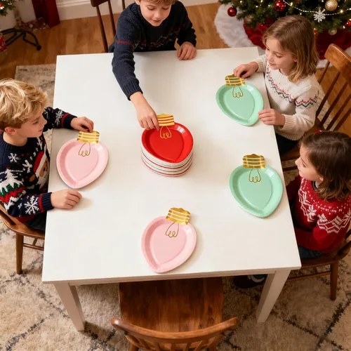 Vista 5 de Whaline 30 platos de papel de Navidad con forma de luces desechables para cena y fiesta, vajilla de vacaciones para postres ensaladas, aperitivos