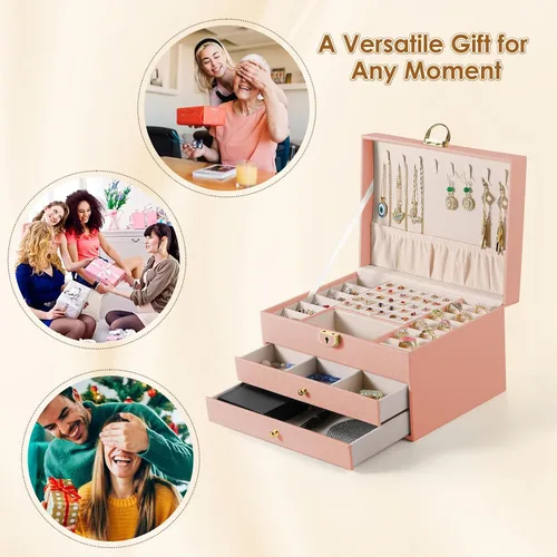 Vista 7 de coobest Joyero de 3 capas, organizador de joyas con cajón organizador de joyas, cajas de joyería grandes y organizador con organizador de aretes