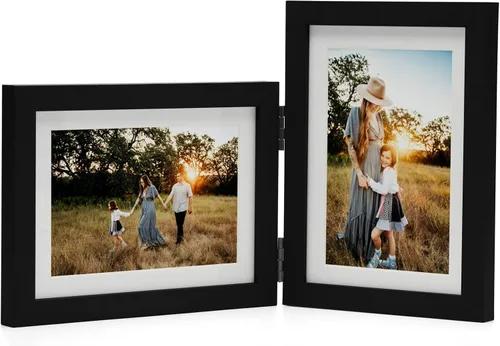 Vista 10 de Marcos de Fotos Dobles 4x4 con Bisagras Plegables en Negro para Colgar en la Pared o Poner en Mesa, Hechos de Madera de Pino con Vidrio Real P-44 *