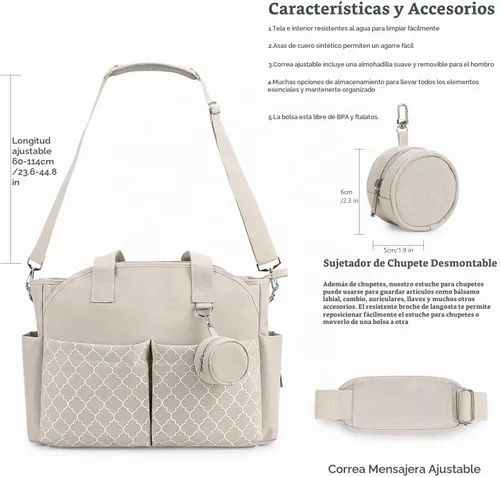 Vista 7 de Lmbabter Bolsa de pañales con cambio de estación de cambio Bolsa de bebé multifunción con correa de hombro ajustable Beige