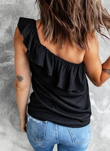 Vista 4 de Dokotoo Camiseta sin mangas para mujer, con un hombro descubierto, con volantes, lisas, holgadas