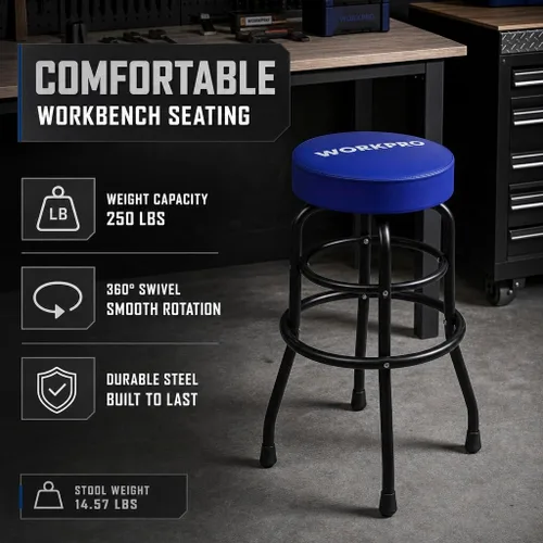 Vista 9 de WORKPRO W112003 Taburete de garaje, taburete de garaje de construcción de acero resistente, asiento de cojín giratorio, patas y reposapiés