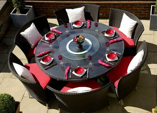 Vista 10 de Manhattan Comfort Nightingdale - Juego de comedor para exteriores de 7 piezas con cristal redondo Lazy Susan, incluye 6 sillas de ratán, cojines