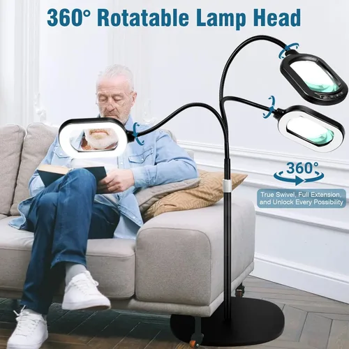 Vista 3 de Lupa grande con luz y soporte, lente de vidrio real óptico rectangular de 10X, lámpara de pie de lupa de cuello de cisne ajustable en altura, 5