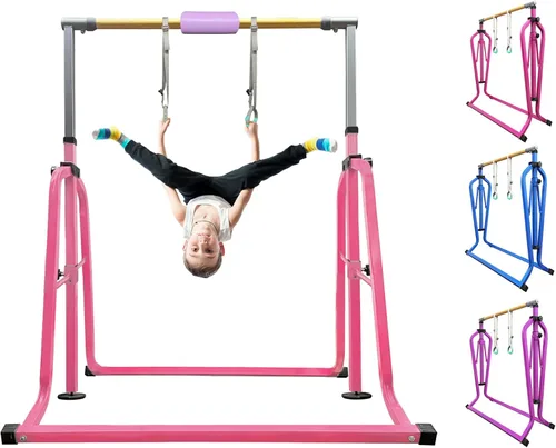 Vista 17 de Foldable Gymnastics Kip Bar with Rings & Bar Pad, 3 FT–5 FT Adjustable Horizontal Bar for Kids, 7-Level Height, 300 LBS Weight Capacity, Indoor Home