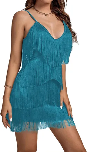 Vista 3 de Umenlele Minivestido sin mangas con flecos en capas y cuello en V profundo para mujer