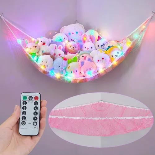 Vista 10 de Unicorn Castle Hamaca de red para animales de peluche, almacenamiento de juguetes con luz LED, organizador de juguetes de felpa para colgar