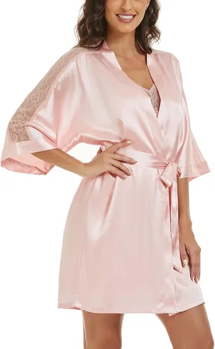 Vista 2 de Conjunto de pijama de seda para mujer, bata de satén con camisón de 2 piezas, ropa de dormir sexy de encaje, ropa de dormir kimono, batas de dama