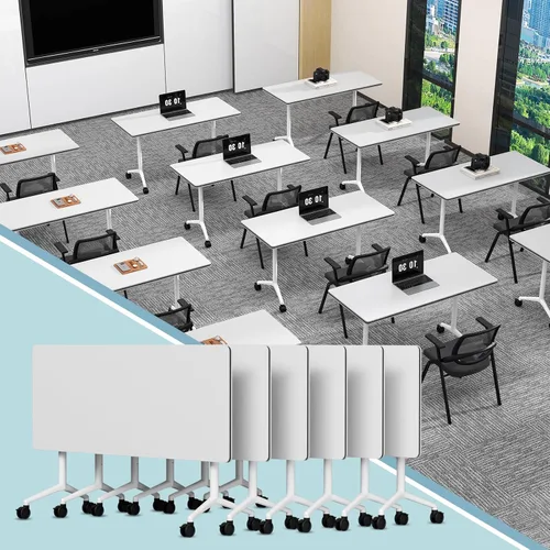 Vista 10 de Paquete de 4 mesas de conferencias plegables, mesa de entrenamiento móvil Walnut 1