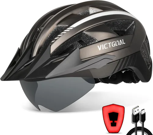 Vista 14 de VICTGOAL Casco de bicicleta con luz trasera recargable por USB, gafas magnéticas desmontables, visera solar extraíble, cascos de bicicleta de Negro