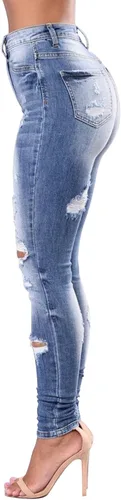 Vista 49 de KUNMI - Pantalones de mezclilla clásicos de cintura alta para mujer, elásticos, con efecto de levantamiento de glúteos, ajustados