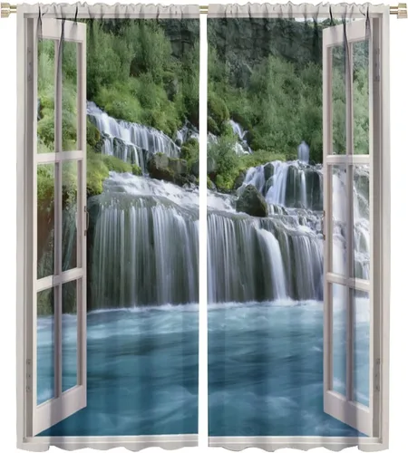 Vista 77 de Cortina opaca de bosque de verano, diseño de ramas de bosque, con bolsillo para barra, cortinas farbic con bolsillo para barra, comedor, cafetería
