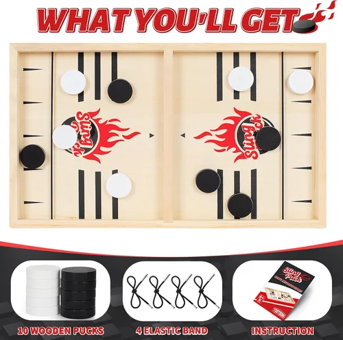 Vista 2 de Juego de disco de cabestrillo rápido grande clásico, juegos de mesa de hockey de madera para la noche familiar, juego de mesa para adultos y niños