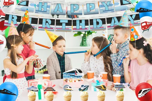 Vista 8 de Decoraciones de fiesta de tren de alta velocidad, suministros de fiesta de cumpleaños de tren bala, incluye pancarta de tren de alta velocidad