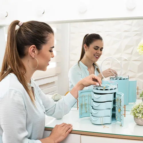 Vista 4 de Exuberante y glamoroso organizador de joyas, exquisita caja de joyería de pie con puertas dobles y cuatro cajones, caja organizadora para tocador