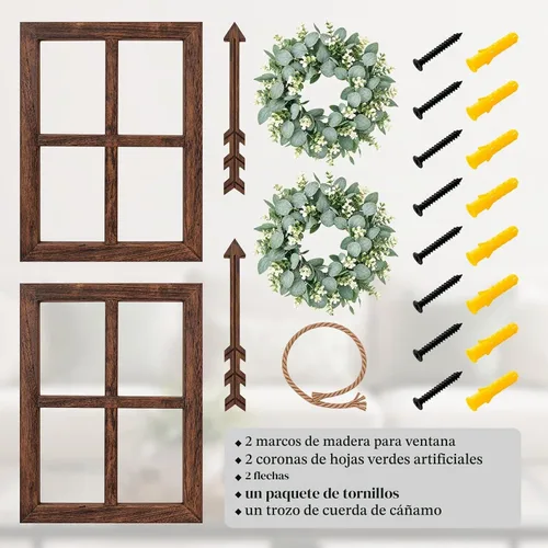 Vista 2 de Marco de ventana de madera rústica con corona verde y flechas para decoración de pared, marco de ventana estilo granja colgante, decoración falsa
