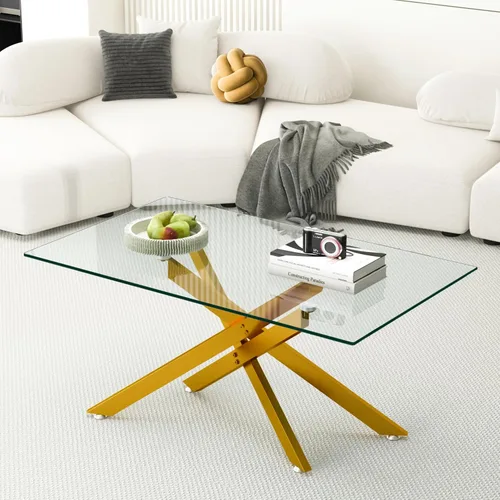 Vista 8 de Mesa de centro de cristal para sala de estar, moderna rectangular con parte superior de vidrio templado transparente y patas de metal, mesas de Negro