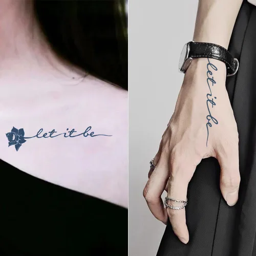Vista 3 de Tatuaje temporal semipermanente para adultos, 2 hojas de palabras de flores, citas Let It Be pequeño, pequeño cuello de mano, calcomanías falsas
