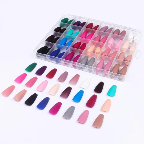 Vista 2 de 576 uñas postizas con forma de ballet de ataúd, uñas postizas acrílicas de cobertura completa, 24 colores con pegamento de uñas de 0.24 onzas