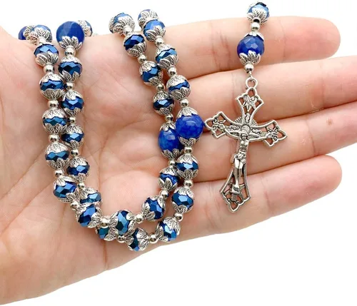 Vista 6 de Nazareth Store Collar de cuentas de cristal azul profundo rosario ágata azul gloria collar con cuentas de piedra milagrosa y cruz crucifijo