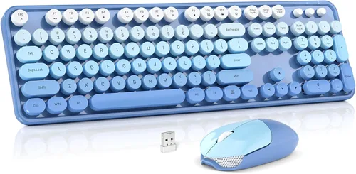 Vista 14 de MOWUX Combo de teclado y mouse inalámbricos, máquina de escribir de tamaño completo, teclado de computadora redondo retro, lindo mouse óptico, 2.4G