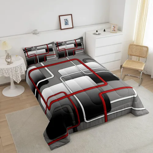 Vista 3 de Castle Fairy Juego de edredón rojo, negro y blanco, tamaño Queen, juego de ropa de cama geométrica abstracta para mujeres, hombres, adultos Multi 01