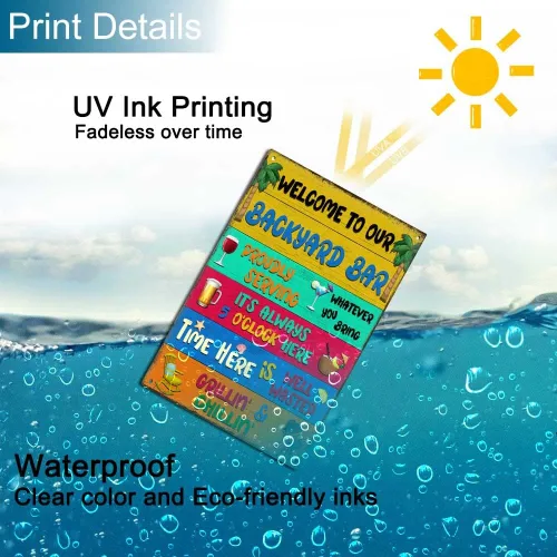 Vista 3 de Letreros de metal para decoración de patio trasero, letrero de metal para exteriores, con texto en inglés "Welcome To Our Backyard Bar