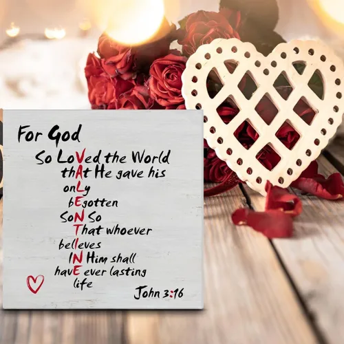Vista 4 de Decoración Cristiana para el Día de San Valentín, Letrero de Madera con Versículo Bíblico Juan 3:16 Rústico para Hogar, Mesa, Estanteria, Dios
