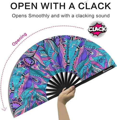 Vista 3 de Abanico Plegable Grande, Abanico Rave Clack de 13 Pulgadas, Abanico de Mano para Mujeres y Hombres con Tela de Satén Premium, Marco de Bambú Grueso