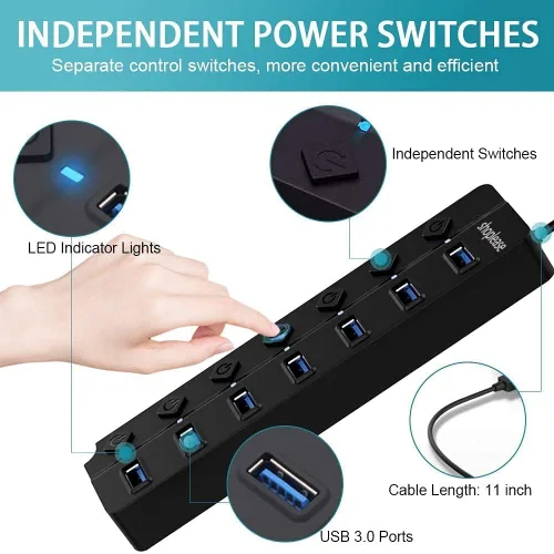 Vista 2 de Hub USB 3.0 de 7 puertos con interruptores de alimentación individuales y luces LED, divisor de concentrador de datos de alta velocidad
