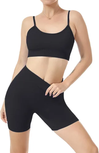 Vista 2 de JNINTH - Conjunto de yoga sin costuras para mujer, 2 piezas, brasier deportivo de entrenamiento, con pantalones cortos de cintura alta