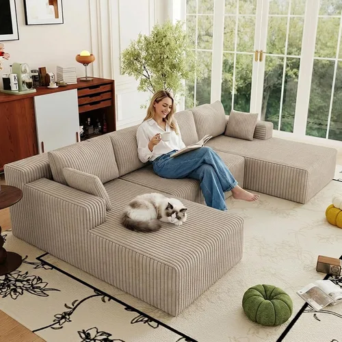 Vista 26 de Sofá modular Cloud de 95 pulgadas con otomana, moderno sofá nube en forma de U con asiento profundo, cómodo sofá de pana de 3 plazas, sofá de espuma