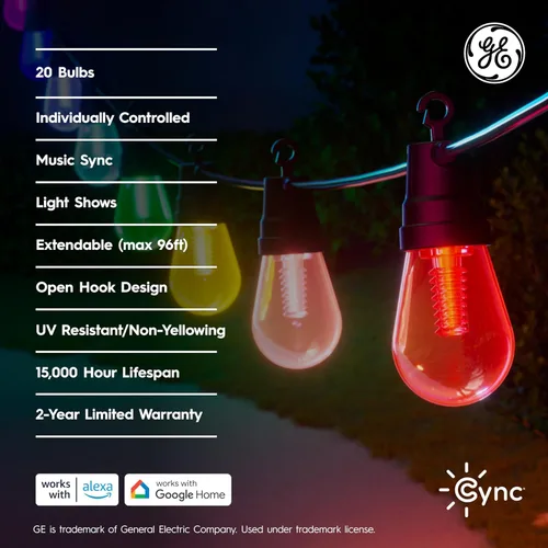 Vista 7 de GE Cync Luces inteligentes para café con efectos dinámicos, luces de cadena para patio que cambian de color, compatibles con Alexa y Google, 48 pies