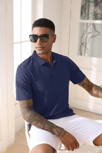 Vista 3 de TACVASEN Camisas de manga corta para hombre, camisas de pesca para hombre, camisas de polo con cuello azul marino para hombre, polo de enfriamiento