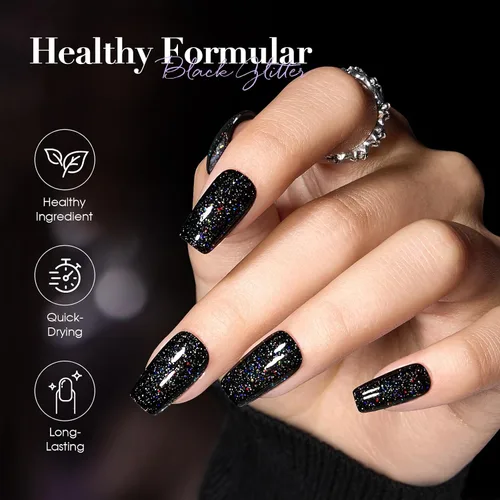 Vista 4 de COSMOO Esmalte de uñas de glitter negro de secado rápido, 12 ml, resistente a las astillas, vegano, de secado rápido, con vetas, de larga duración