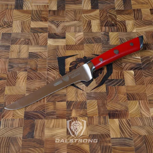 Vista 8 de Dalstrong Cuchillo para deshuesar, 6 pulgadas, serie Gladiator, acero alemán de alto carbono, mango ABS rojo carmesí, talla de carne, recorte