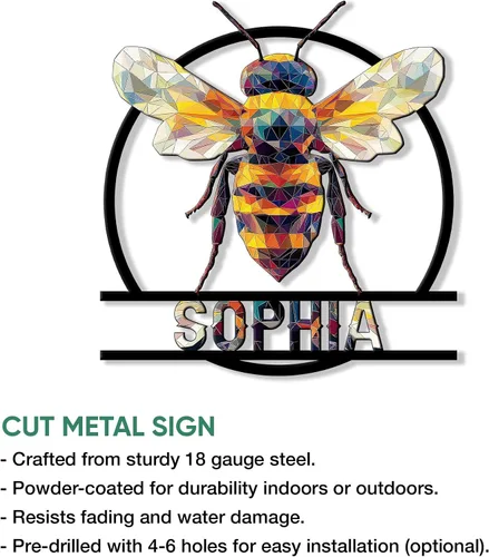 Vista 2 de Letrero de metal personalizado de abeja, cartel colgante de abeja de miel, porche de bienvenida al aire libre, valla de pared con nombre