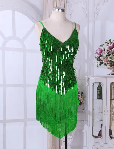 Vista 6 de Sywiyi Wonen's - Vestido de baile con flecos y lentejuelas brillantes, tango latino, Samba, con borlas y flecos, vestido de fiesta de noche