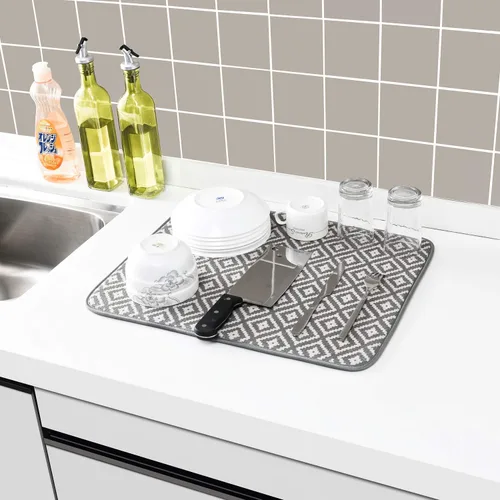 Vista 5 de Estera de secado de platos para cocina, paquete de 2, esteras de drenaje de platos de microfibra ultra absorbente de Subekyu, 19.2 por 15.8 pulgadas