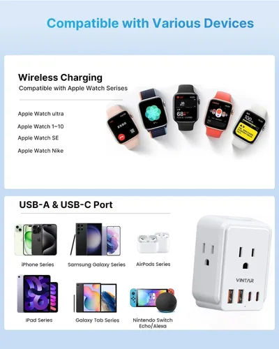 Vista 6 de VINTAR - Adaptador de viaje universal para cargador de Apple Watch, adaptador de corriente internacional con 3 salidas de CA, 4 puertos USB