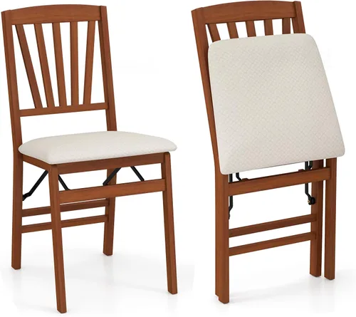 Vista 10 de COSTWAY Juego de 2 sillas de comedor plegables de madera maciza con asiento Marrón y listón